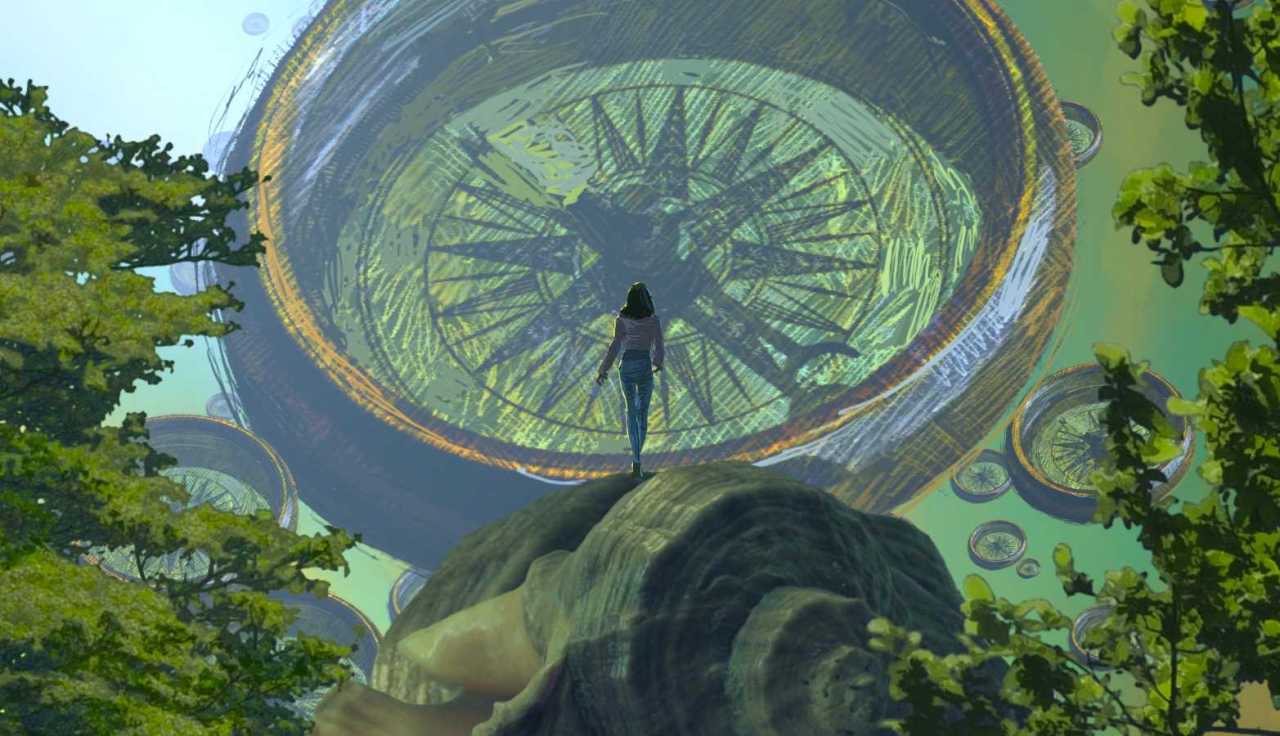 abstract art of woman standing on seashell looking at giant compass for self discovery.