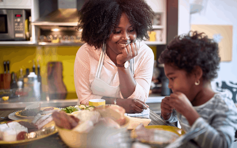 Mom avoiding meltdown by introducing new foods ahead of time. 