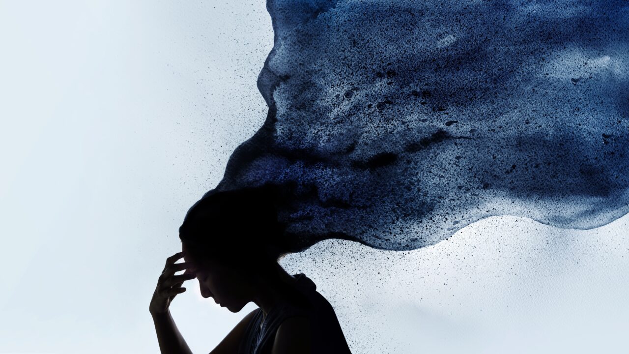 Mental Health Disorder Concept. Exhausted Depressed Female touching Forehead. Stressed Woman Silhouette photo combined with Watercolor. Depression Psychology inside her Head