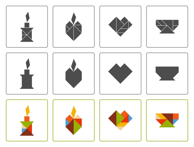 3 rows depicting the same tangram puzzles. First row shows lines where the composite shapes connect. The last row shows each composite shape in a different color. The last row displays only the silhouette of the puzzles, so that players have no further clues about which shapes to assemble.