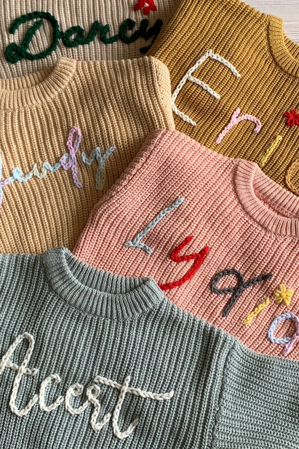 Personalized gifts for kids: embroidered name sweaters from Gina Baby Gift Shop