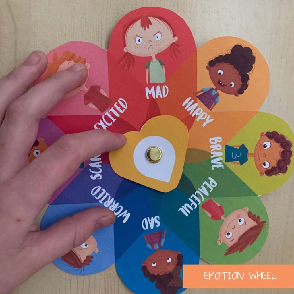 Feelings wheel for kids with a child's hand spinning the arrow. 