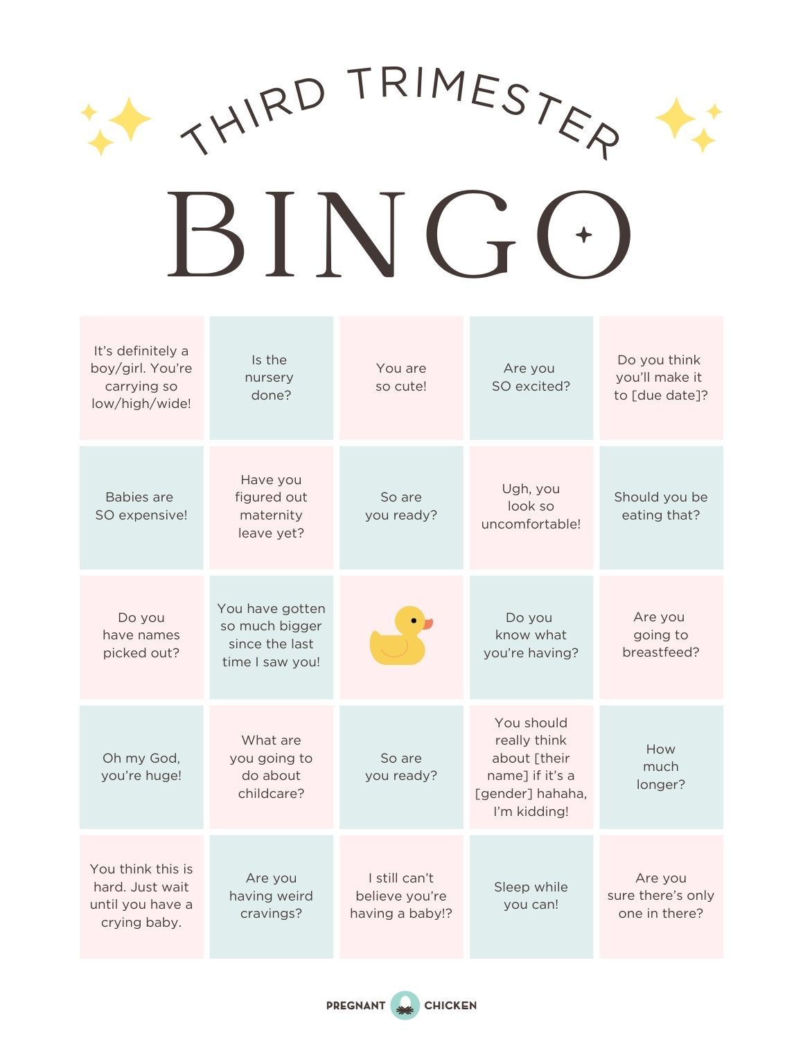 third trimester bingo card